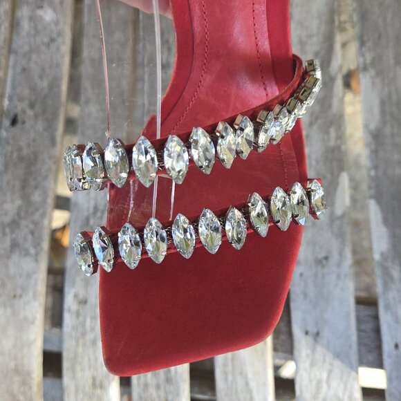 New SCHUTZ Linsey Red Suede Nubuck Rhinestone Sandals Heels Shoes 5 - Picture 5 of 7